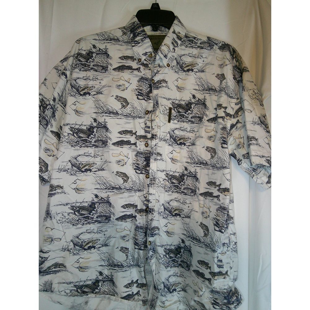 North River Outfitters Print Button-Down Short‎ Sleeve Shirt Bass Fishing Soft M